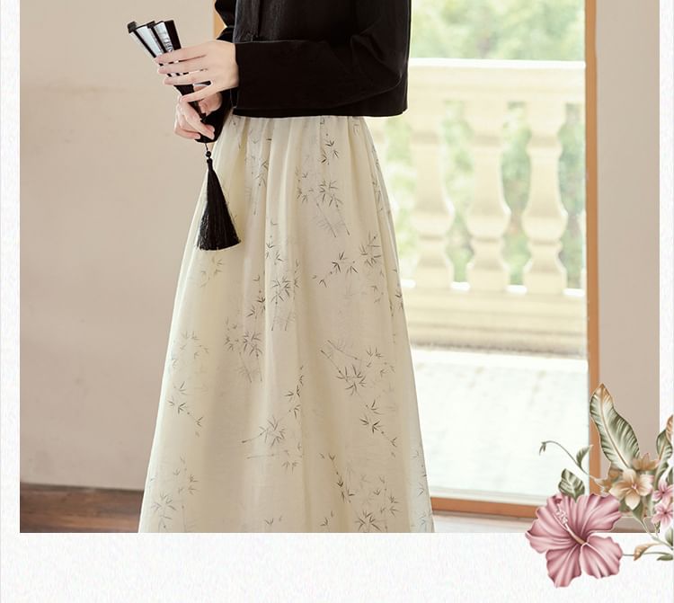 Cocaliso - Blouse met pofmouwen en bloemenprint en strik / Midi-lijn rok met hoge taille / Blazer / Set