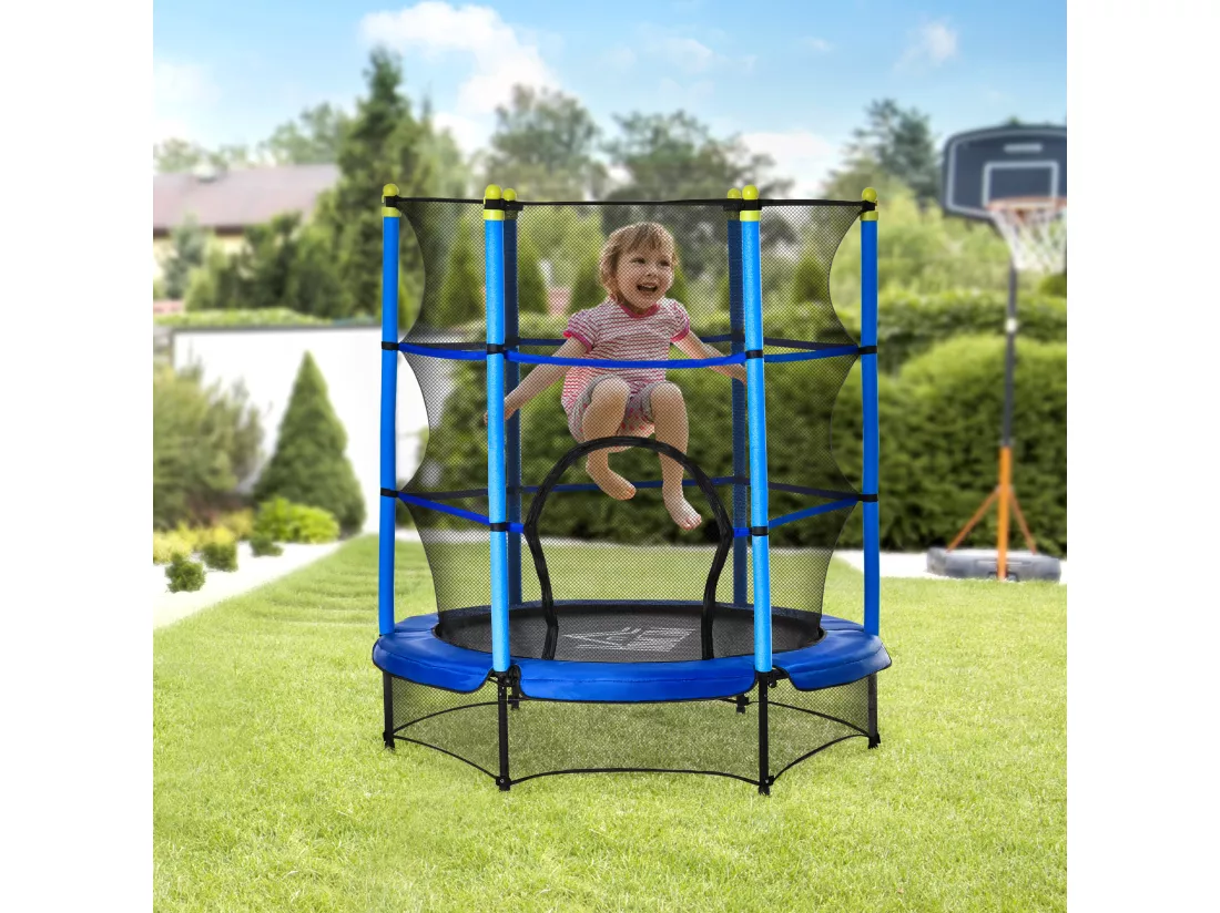 Trampoline enfant Ø 1,40 × 1,60H m filet de sécurité porte zipée couvre-ressorts 6 poteaux rembourrés inclus bleu
