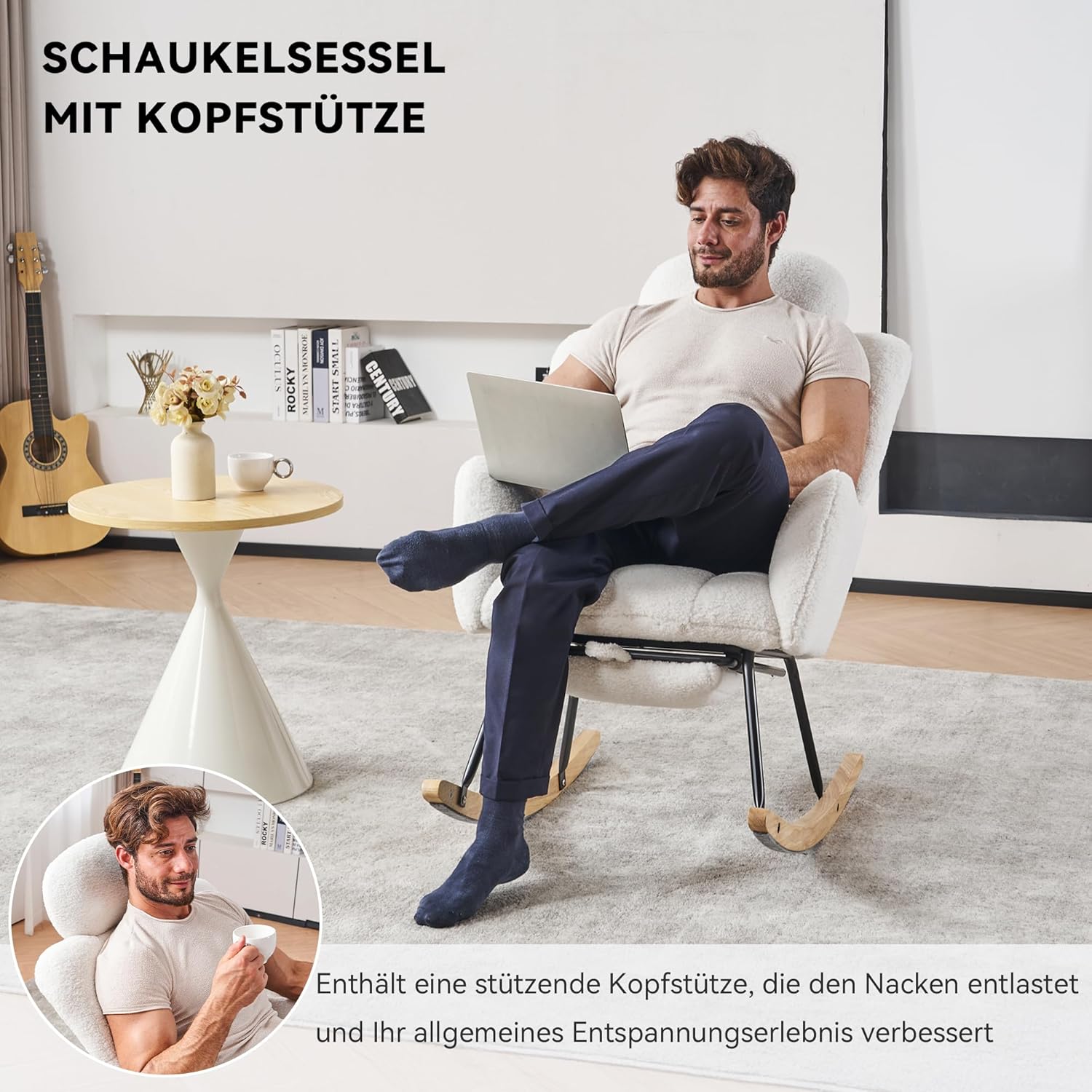 Schaukelstuhl mit Hocker und Kopfstütze, Teddy Stillsessel mit Fußstütze, Großer Sessel zum Stillen, Bequem Lesesessel Holz für Wohnzimmer Schlafzimmer, Weiß