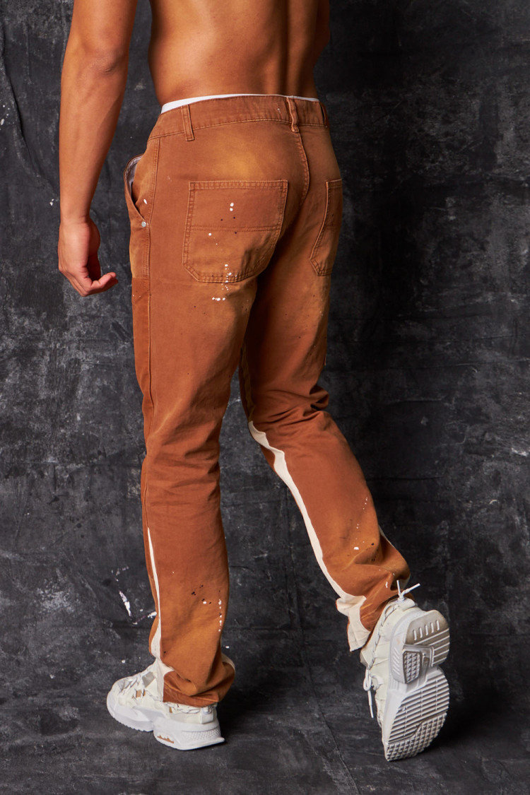 Jeans coupe droite taché et délavé camel