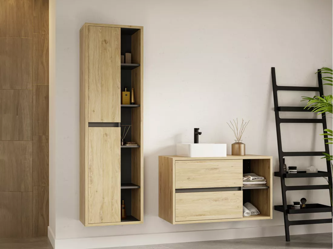 Meuble de salle de bain suspendu avec vasque carrée et colonne - Coloris naturel - 100 cm - PURNAL
