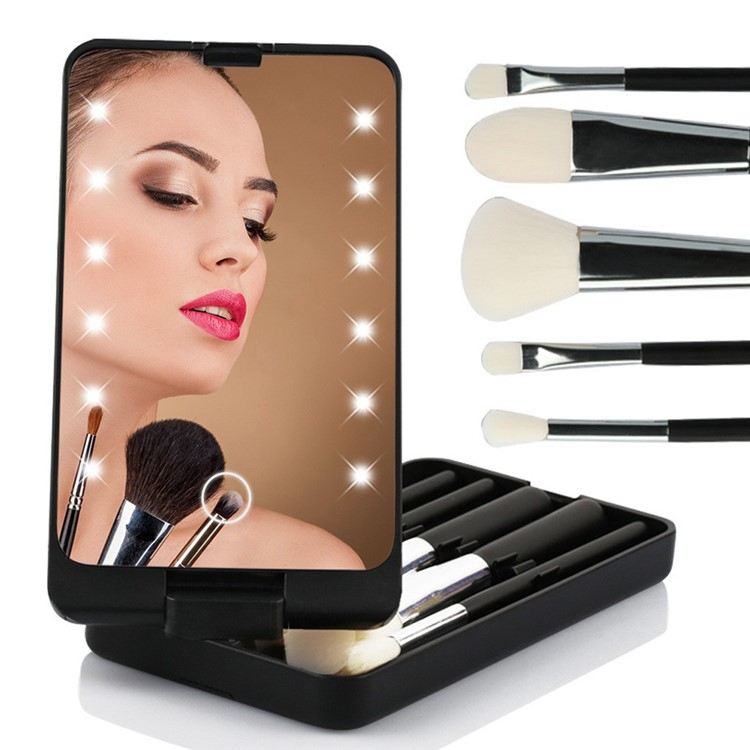 (6-tlg. Set) Reise Make Up Pinsel USB LED Taschen Schminkspiegel mit Touch Sensor - Rosa