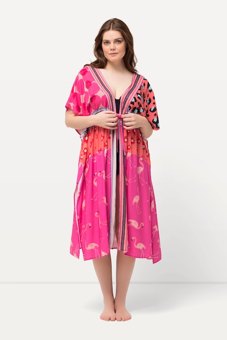 Kaftan, Flamingos, Bindeband, V-Ausschnitt, Halbarm