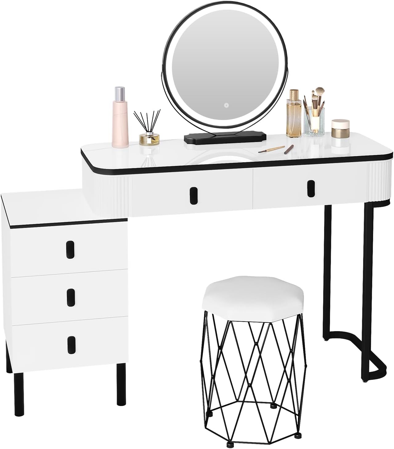 WOLTU Schminktisch mit Spiegel LED & Beleuchtung & Hocker, 3 Lichtfarben, Moderner Frisiertisch mit 5 Schubladen, 2-in-1 Schreibtisch, Flexibler Unterschrank, für Schlafzimmer, Holz, in Weiß+Schwarz