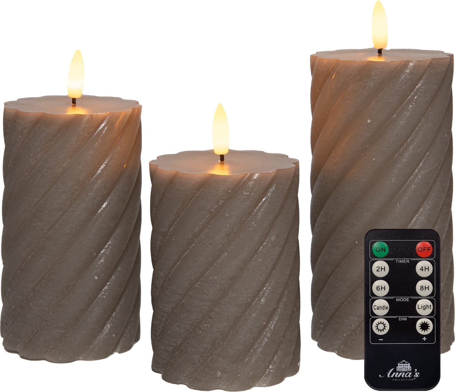 Anna's Collection LED stompkaars Swirl met timer taupe D 7,5 H 10 / 12,5 / 15 cm 3 stuks