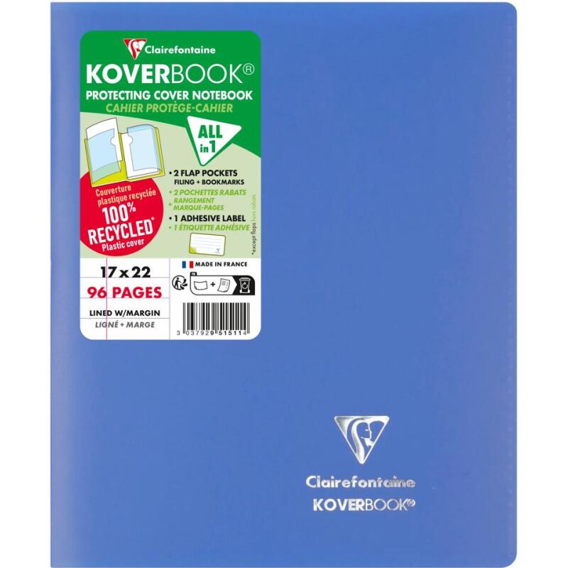 Cahier piqué Koverbook 17x22 cm 96 pages ligné + marge couverture polypropylène opaque 100% recyclé - Assortis
