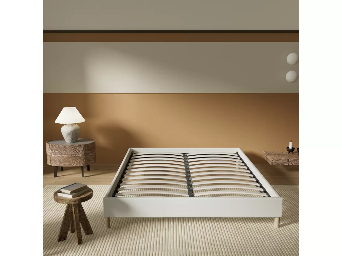 Sommier 90x200 cm, Revêtement en tissu Blanc Crème, Pieds en bois