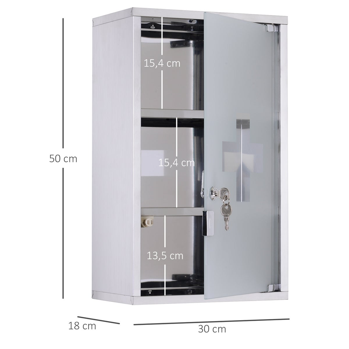 HOMCOM Medicijnkast, EHBO-kast met slot, roestvrij staal, 30 x 18 x 50 cm