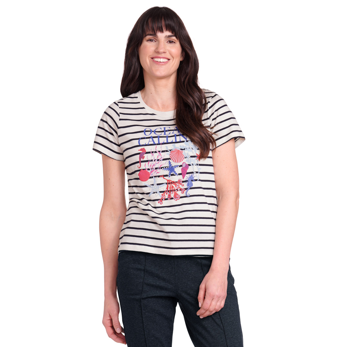 Gina Benotti Damen T-Shirt aus Bio-Baumwolle cremeweiss / dunkelblau