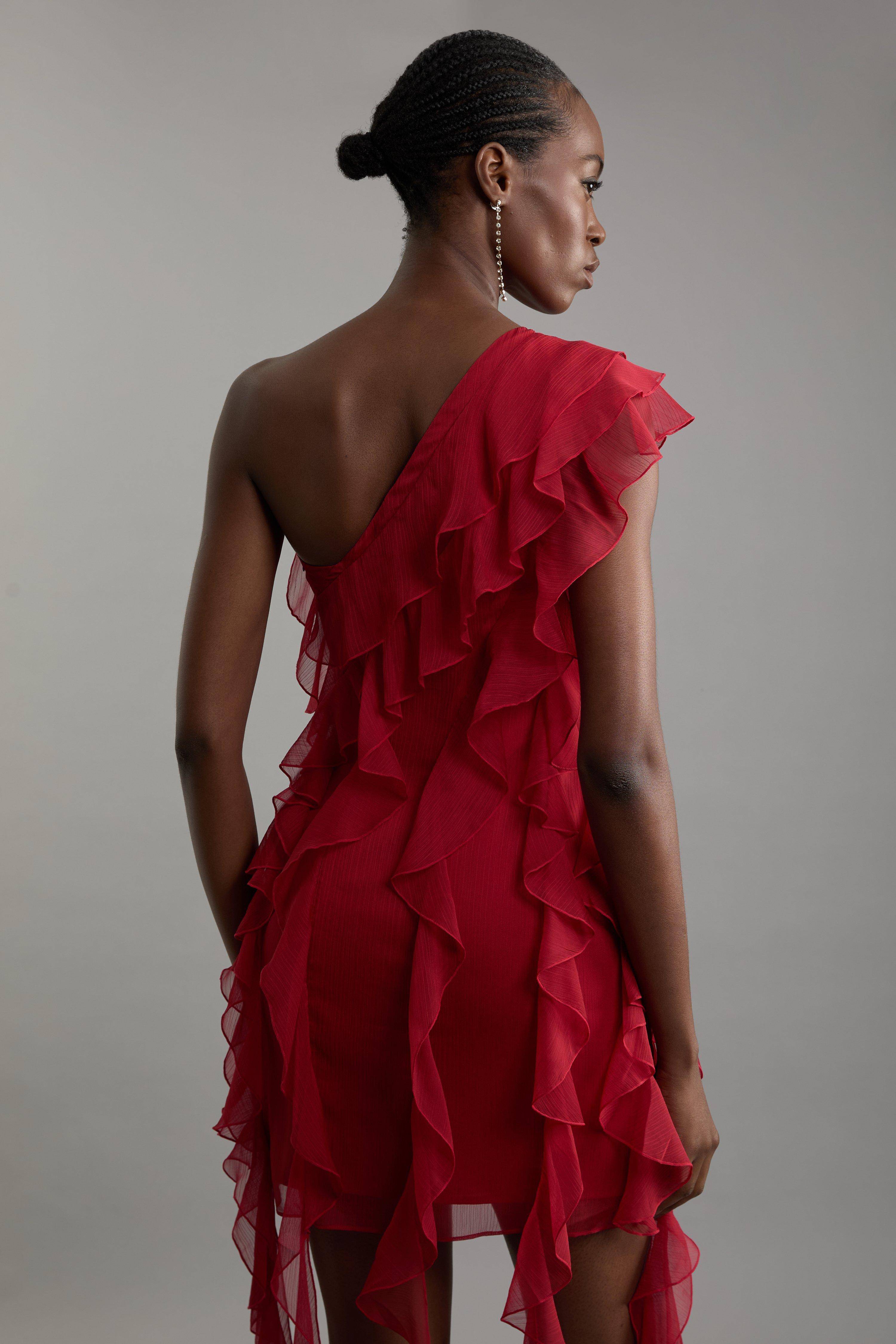 KarenMillen Robe midi tissée en géorgette premium en viscose avec panneaux et détails de volant