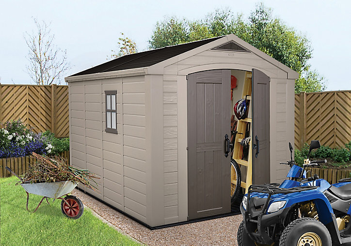 Abri de jardin + plancher Keter Factor 811 en résine coloris beige et taupe ép.16 mm surface extérieure 8,5 m²
