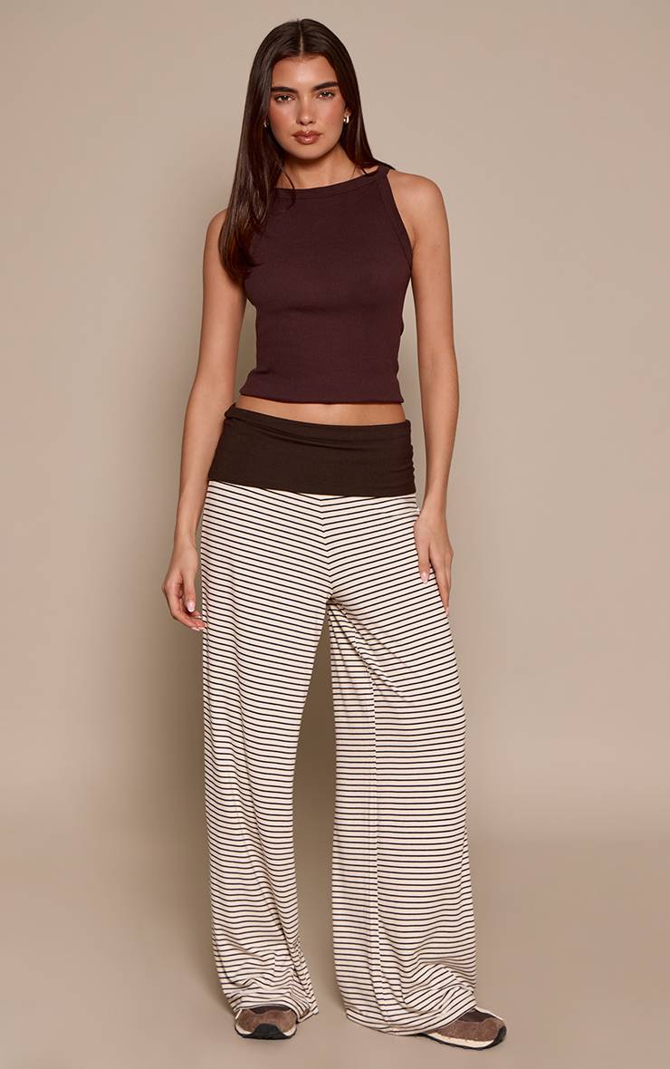 Chocolat Pantalon Large En Jersey Doux À Rayures Avec Bande De Taille Contrastante