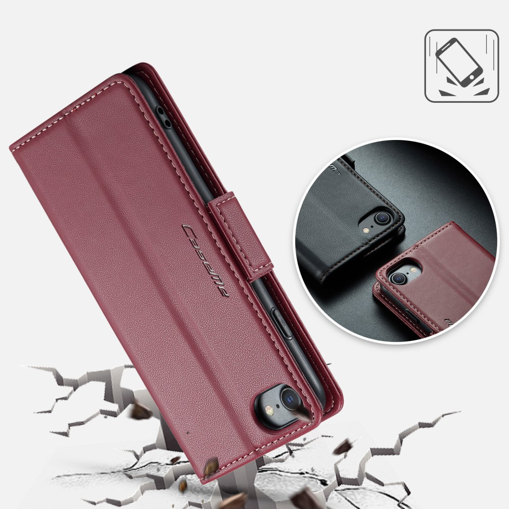iPhone SE (2022/2020) / 8 / 7 / 6S Leder Tasche Flip Wallet Etui mit Kartenfächern Litchi Look (RFID Schutz) - Rot
