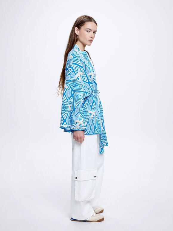 Cardigã Jacquard com Cinto - Azul