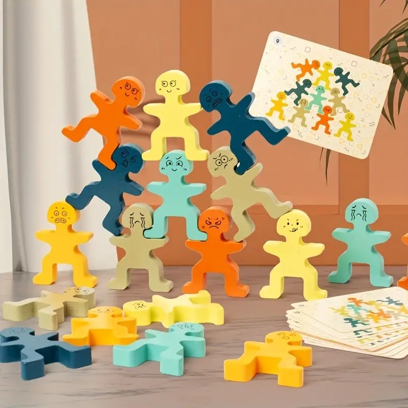 (29-tlg. Set) Holz Stapel Männchen Kinder Spielzeug Balance Bausteine Stapelblöcke Spiel inkl. Aufbewahrungs Beutel - Bunt