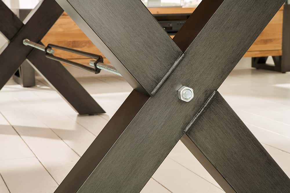 Massivholz Esstisch THOR 240cm natur Wildeiche geölt graues X-Gestell Metall Industrial Design