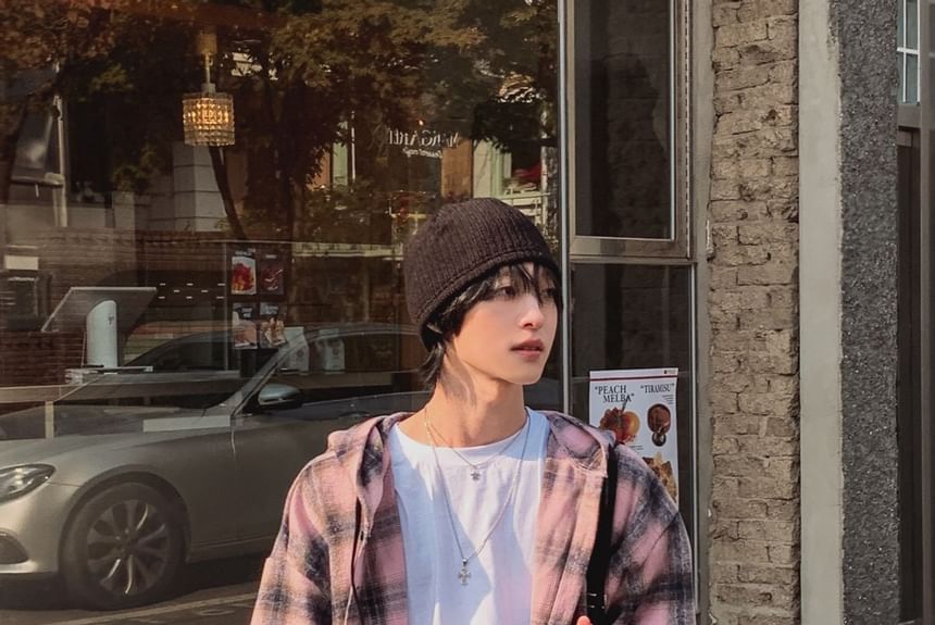 SeoulPop - Geruite, losse capuchonsweater met lange mouwen