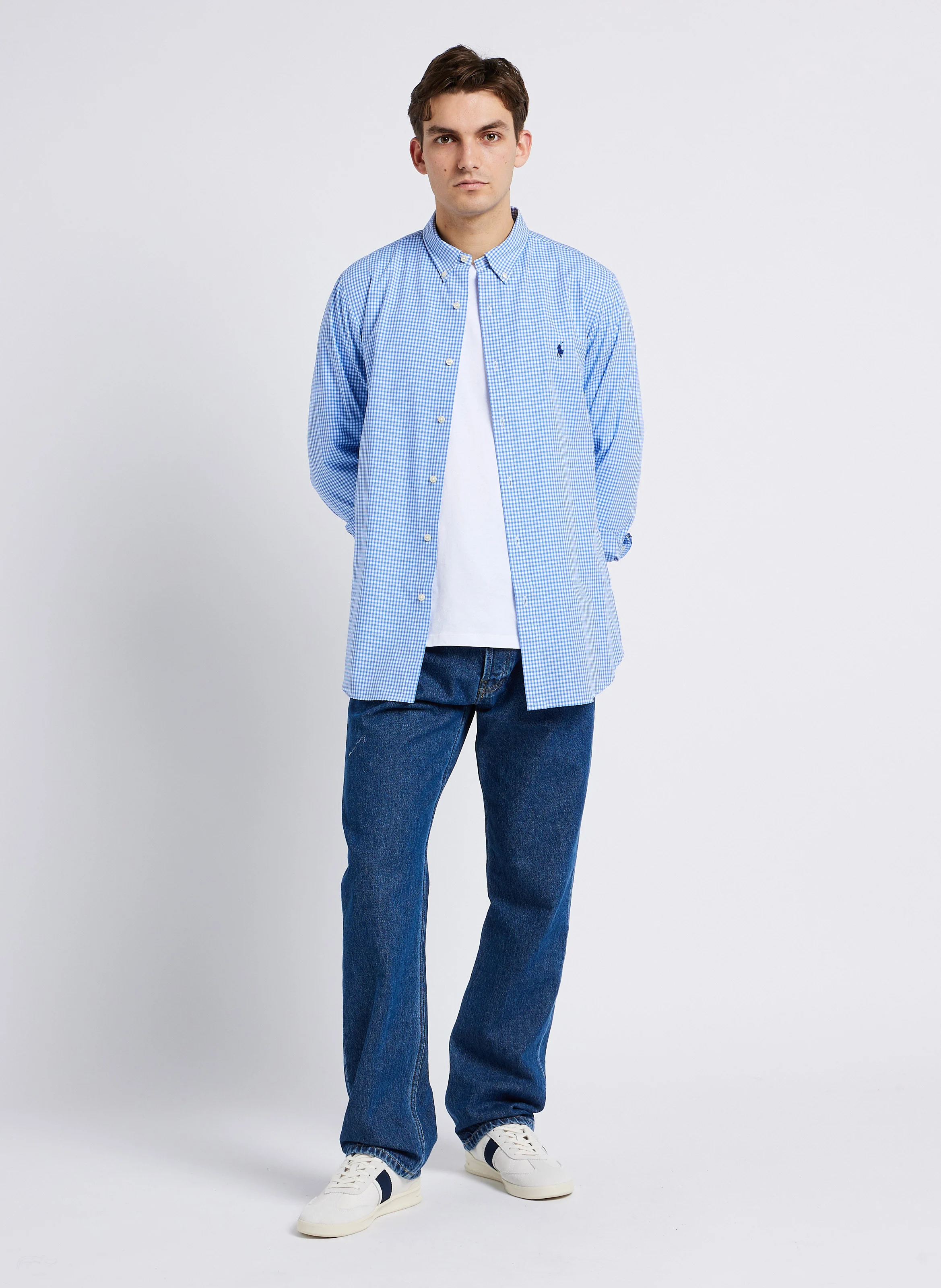 Chemise col américain en coton mélangé | Bleu