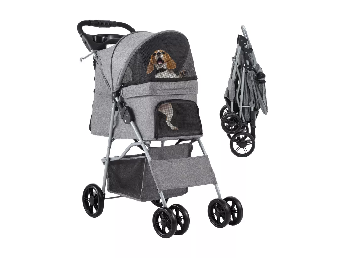 YITAHOME Poussette pour Chiens Petite et Moyenne Taille - 4 Roues avec Panier de Rangement - Pliable - avec Porte-Gobelet - Gris