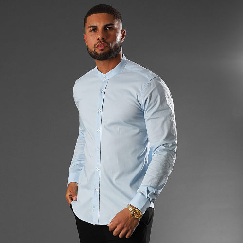 Chemise Manches Longues Col Mao Slim Fit 405 Bleu Clair