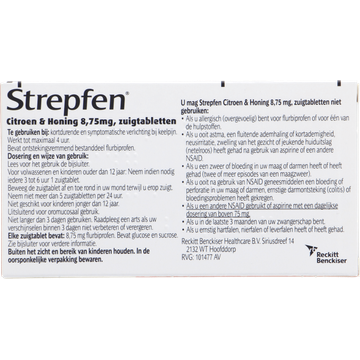 Strepsils Strepfen Citroen en Honing zuigtabletten bij keelpijn 8,75 mg, 8 stuks