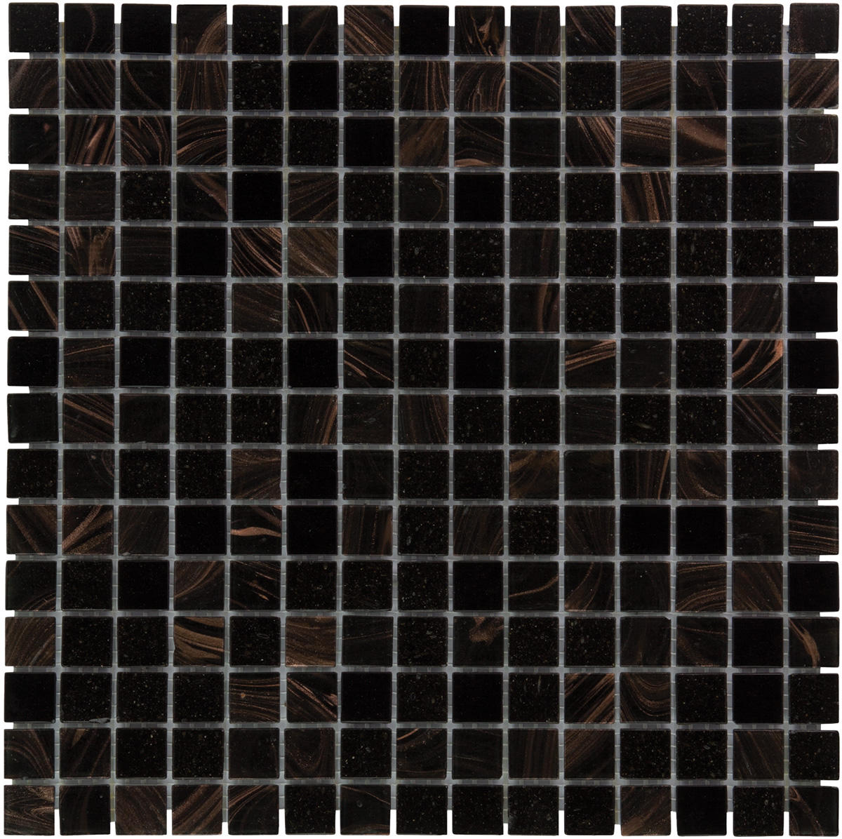 Tegelsample: The Mosaic Factory Amsterdam vierkante glasmozaïek tegels 32x32 zwart/goud mix