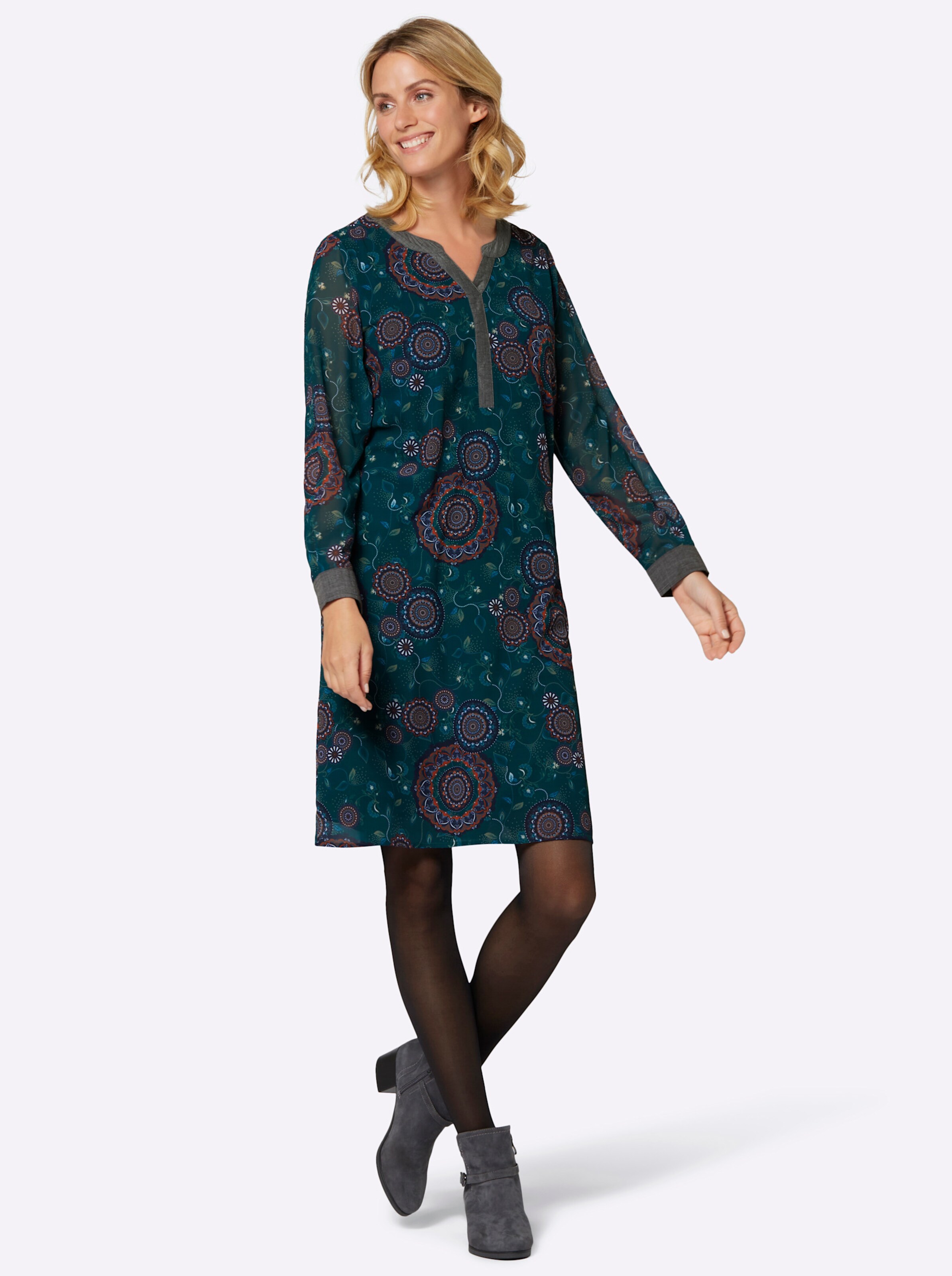Druck-Kleid in petrol-rostrot-bedruckt