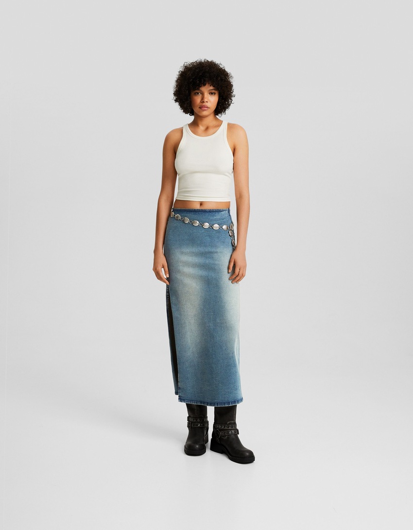 Saia midi confortável em jeans