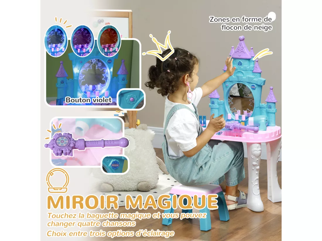Ensemble coiffeuse tabouret enfant design château - nombreux accessoires - effets lumineux sonores - bleu blanc rose