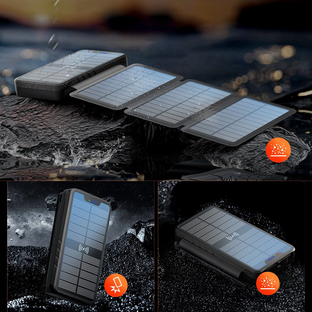 (20000mAh) Dual USB A / USB C Solar Powerbank Qi Wireless Ladegerät mit Taschenlampe (IP65) - Schwarz