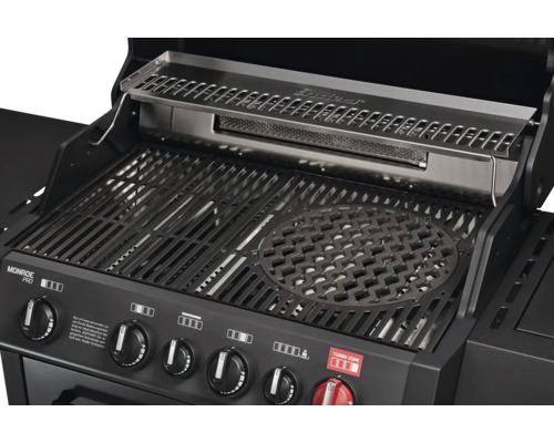 Enders Monroe Pro 4 SIK Turbo Shadow gasbarbecue in grafietgrijs met 4 branders, inclusief dekselthermometer, vetopvangbak, grillrooster, krachtige warmtezone, zijplank en warmhoudrek. Grillrooster: geëmailleerd gietijzer.