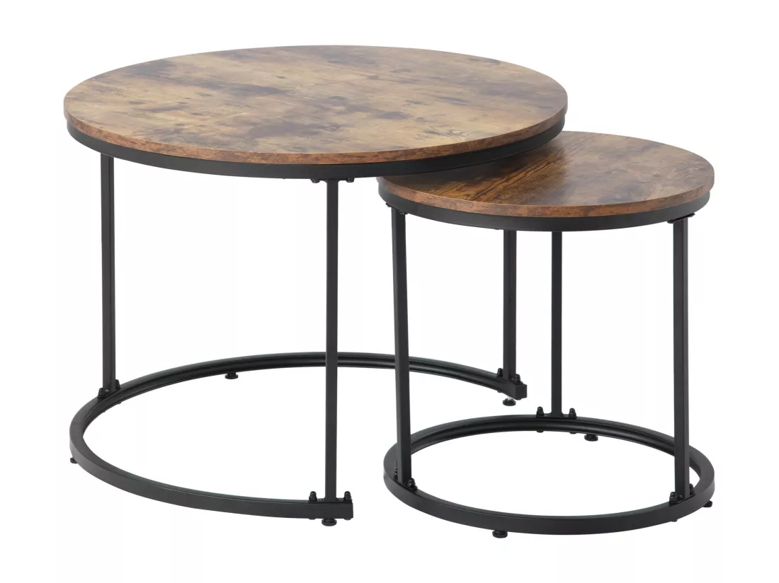 Ensemble de 2 tables basses gigognes rondes effet bois noyer style industriel VELES