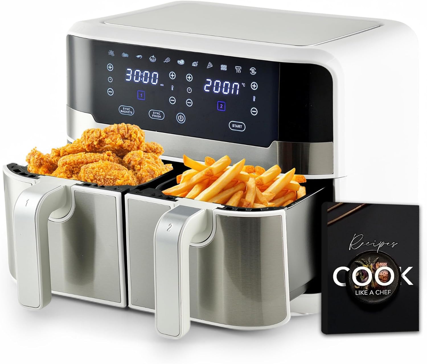 MasterPRO Rocket Duo 900 | Doppelte Heißluftfritteuse | Farbe Weiß | 9L Fassungsvermögen und 2100W Leistung | LED-Touchscreen und antihaftbeschichteter Korb | Fritteuse | 11 Funktionen in 1