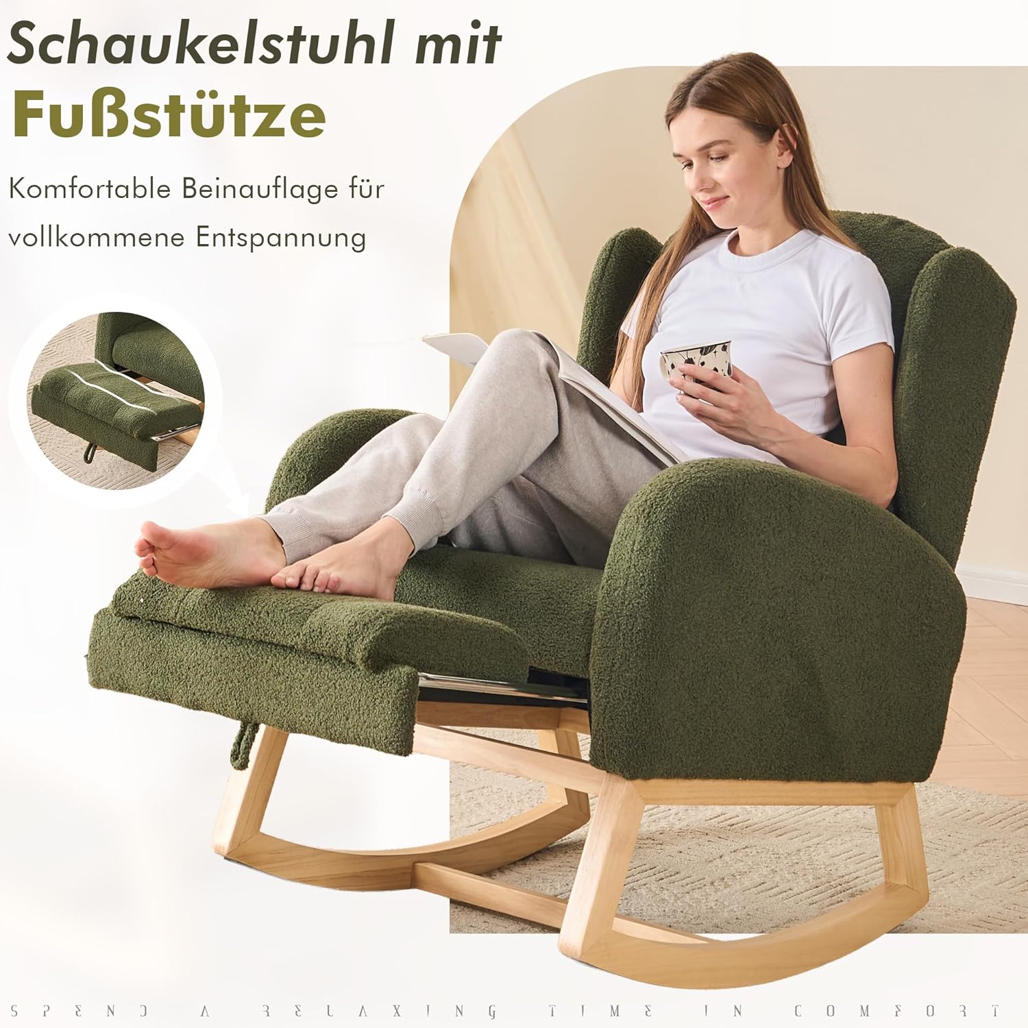 Schaukelstuhl mit Fußstütze, Großem Sitz und Seitentasche, Hoher Rückenlehne Rocking Chair für Wohnzimmer Innen, Stillsessel Stillstuhl mit Ausziehbarer Beinauflage, Teddy-Stoff, Grün
