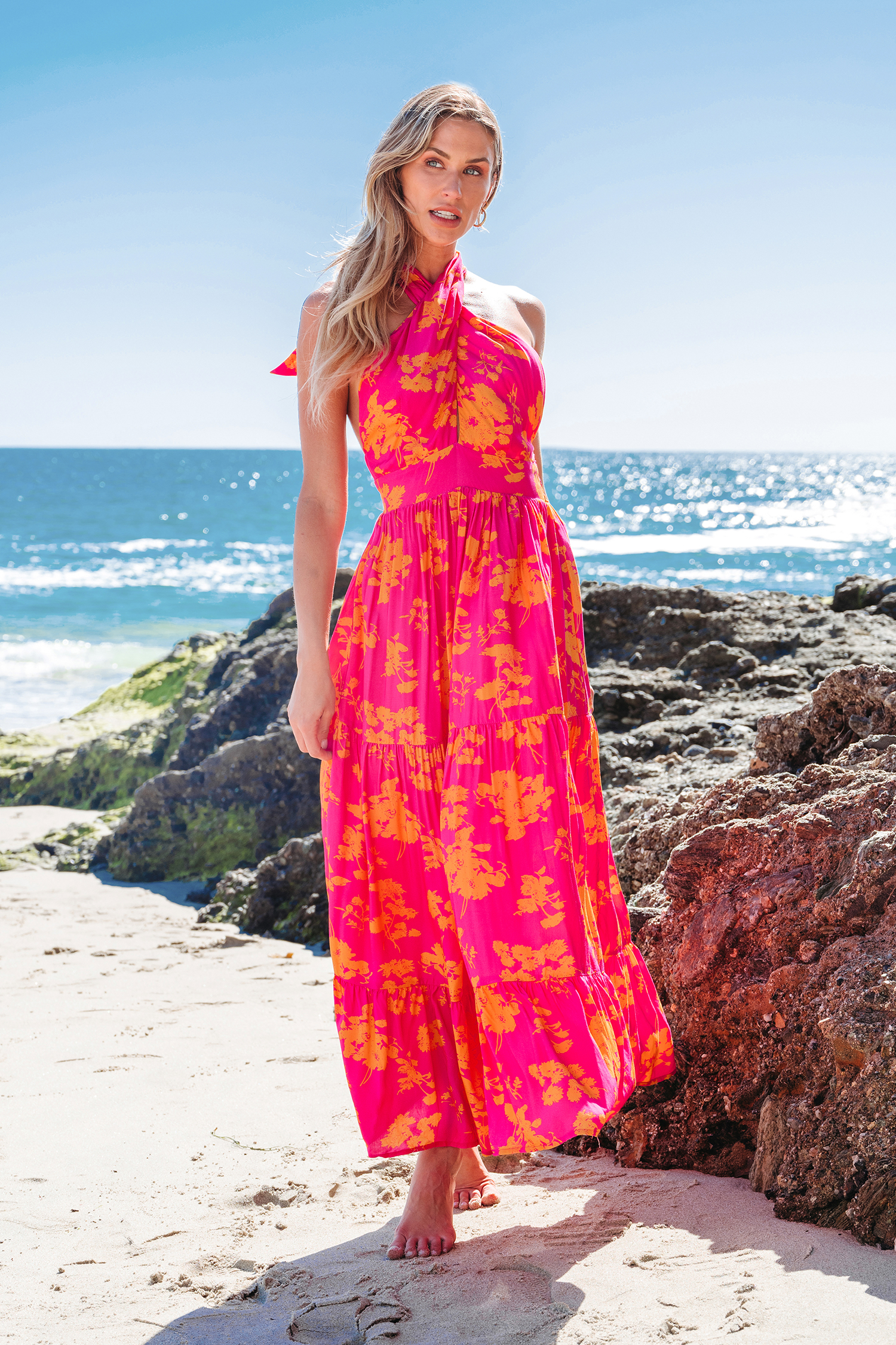 Robe maxi avec col licou croisée à fleurs roses et orange