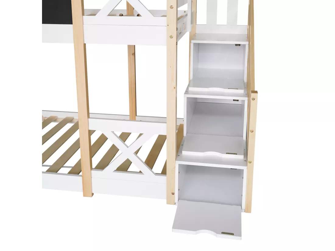 Lit superposé cabane en pin massif avec barrières anti-chutes + échelle de rangement + tableau noir - 90x200cm - Naturel & Blanc