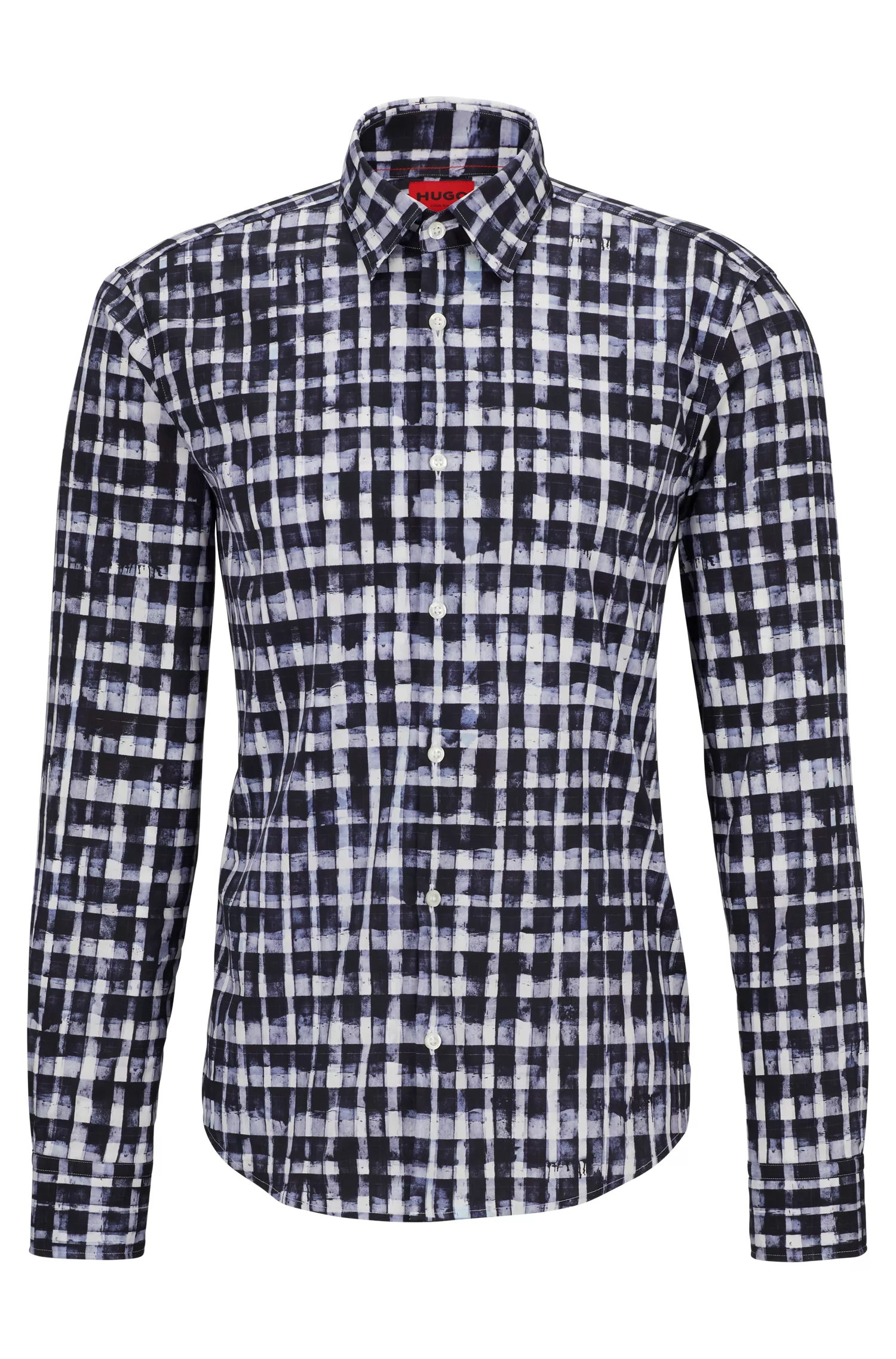 Camisa HUGO vermelha, corte slim, em algodão orgânico estampado com elastano.