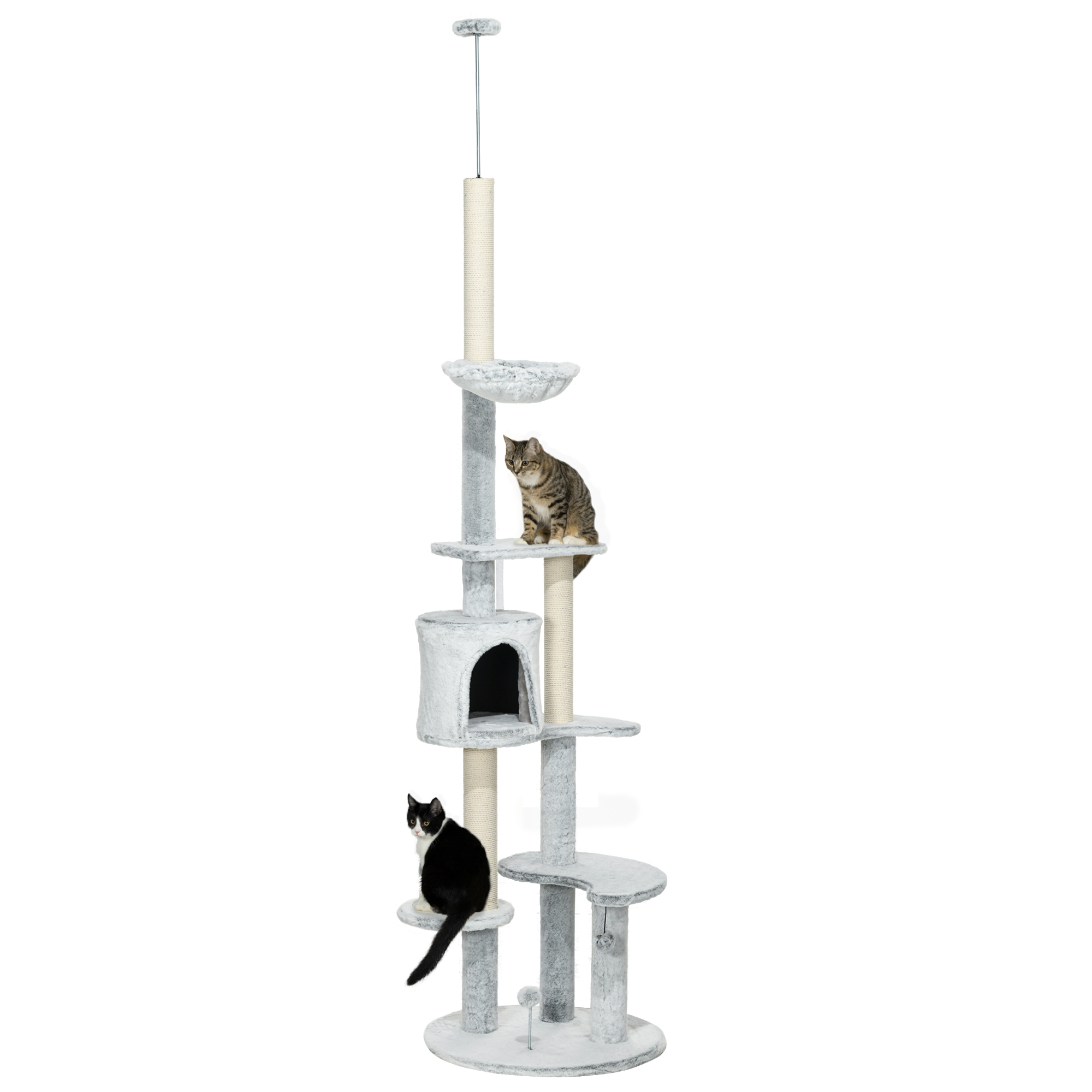 Árvore para gatos PawHut do chão ao teto, torre ajustável em altura de 225 a 255 cm com caverna, plataformas, rede, postes para arranhar e bolas penduradas, Ø60x225-255 cm, cinza