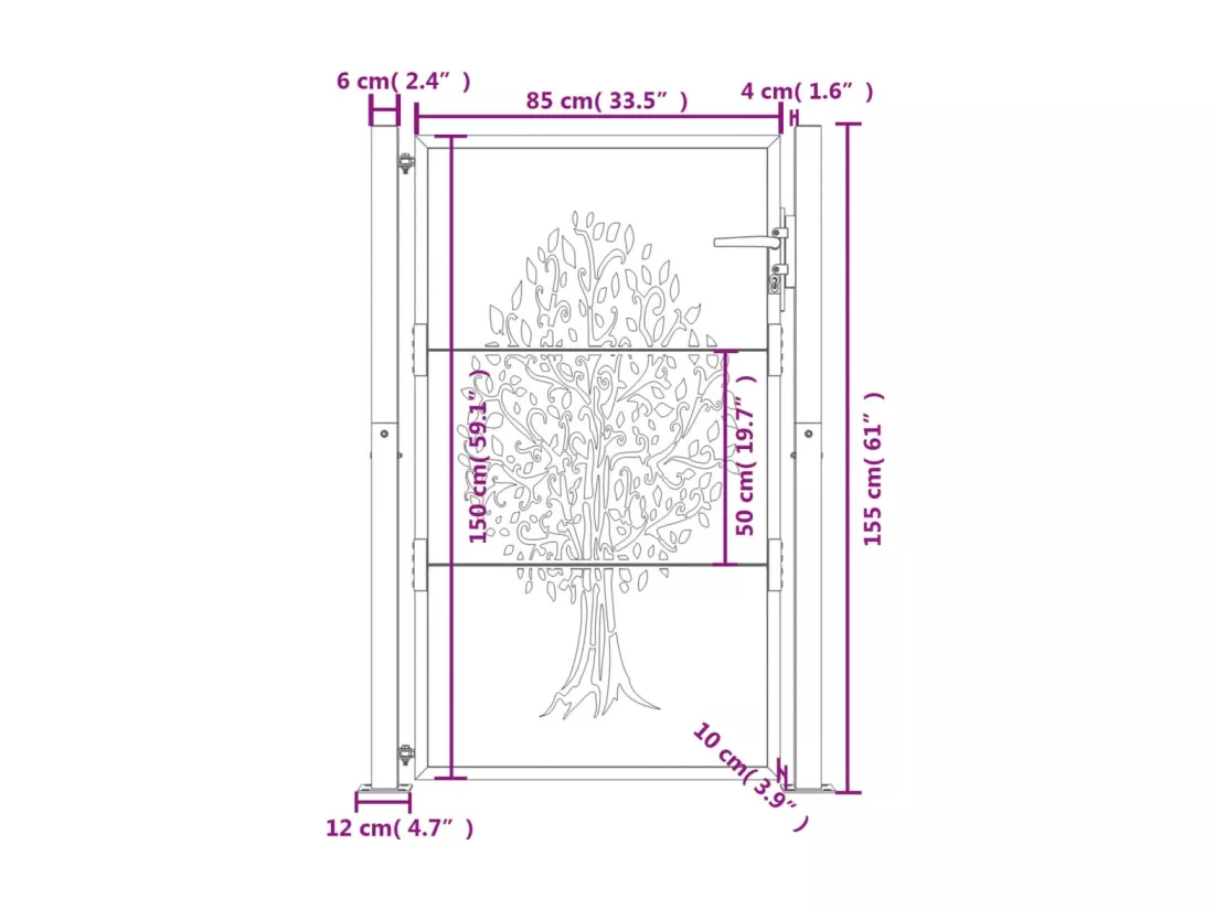 Portail de jardin anthracite 105x155cm acier conception d'arbre