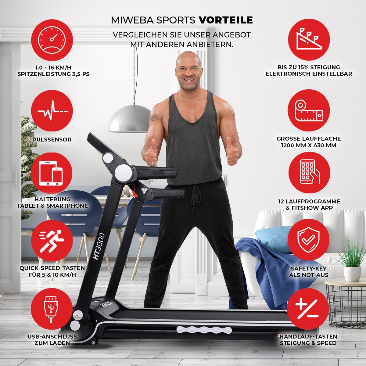Miweba Sports Laufband Home Track HT3000, mit Steigung, 1300 Watt, 1-16 km/h, 12 Programme, klappbar (Schwarz/Weiß)