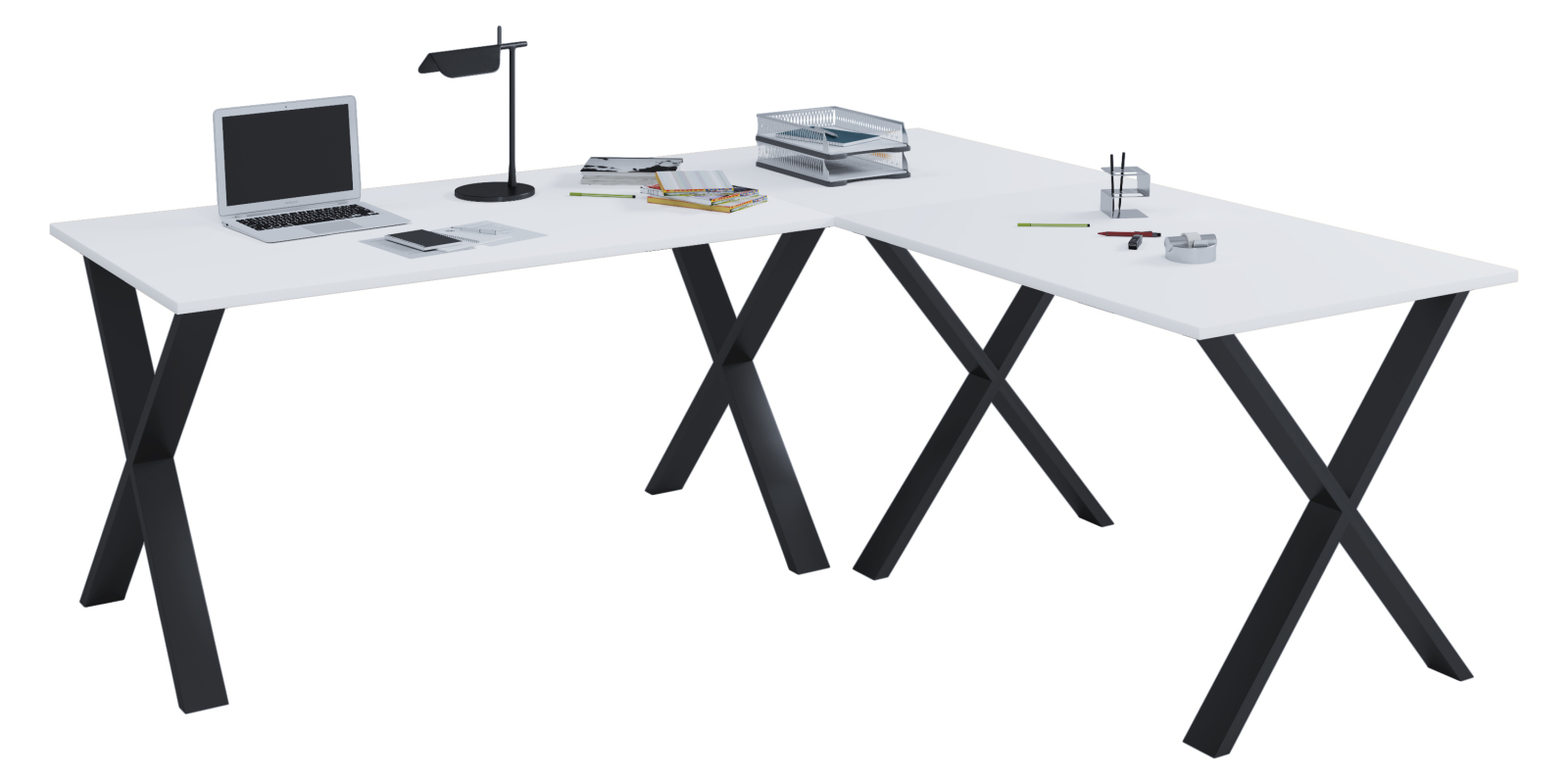 Eck-Schreibtisch LONA - weiß-schwarz - X-Gestell - 160x130 cm