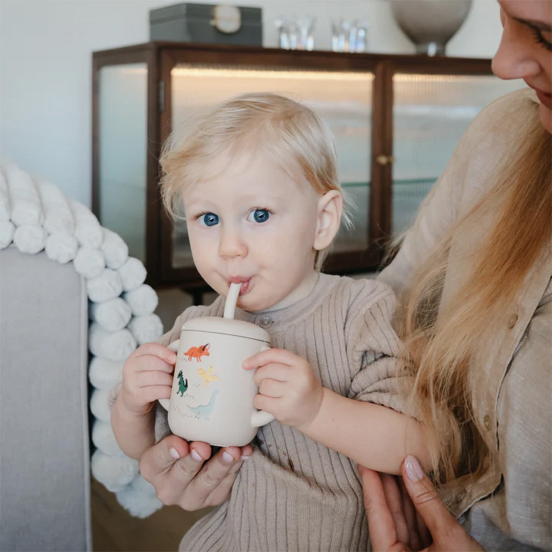 mushie siliconen kinderbeker met rietje - dino