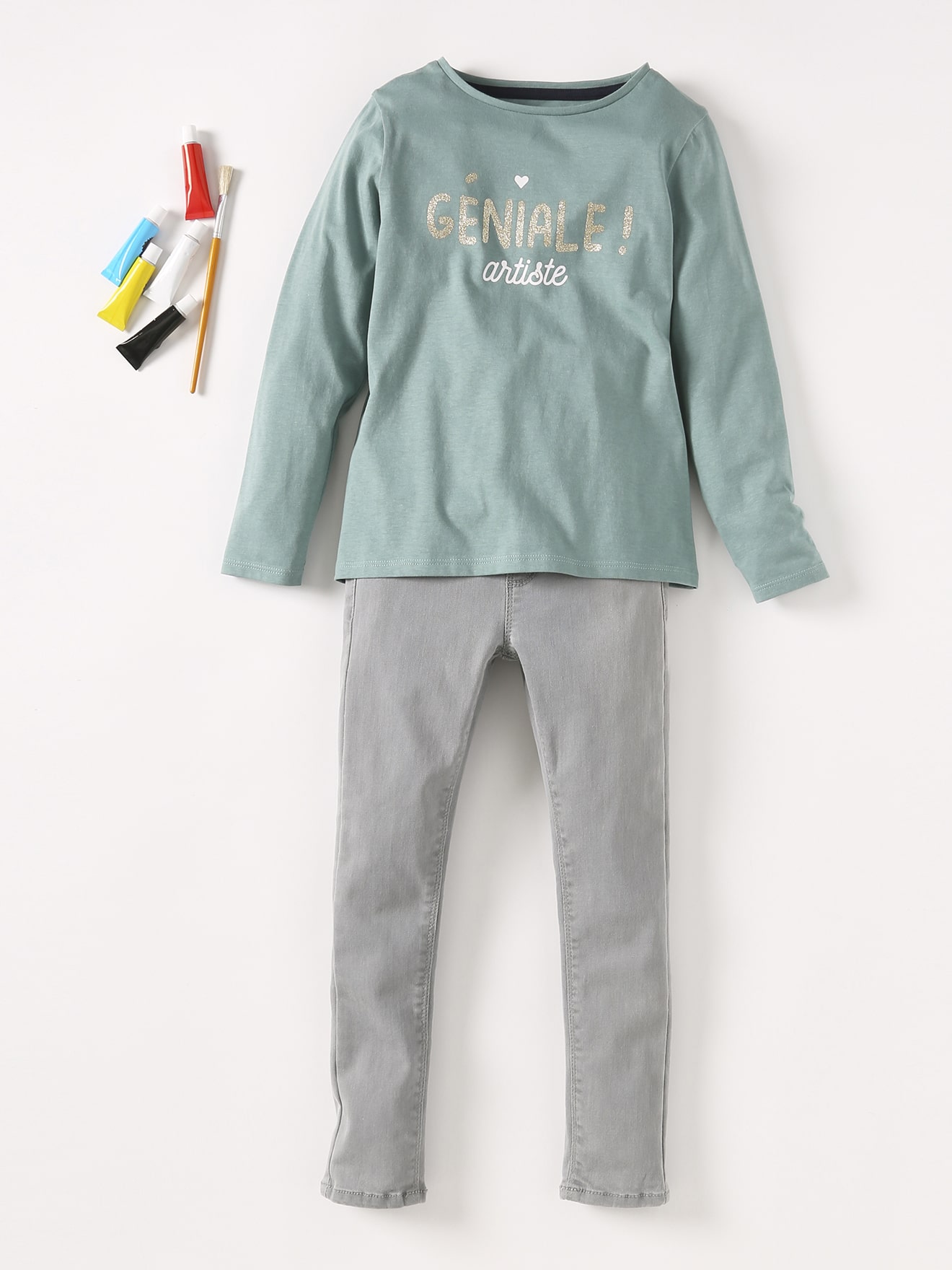 Conjunto de camiseta com mensagem, para meninas + calça jeans básica para meninas