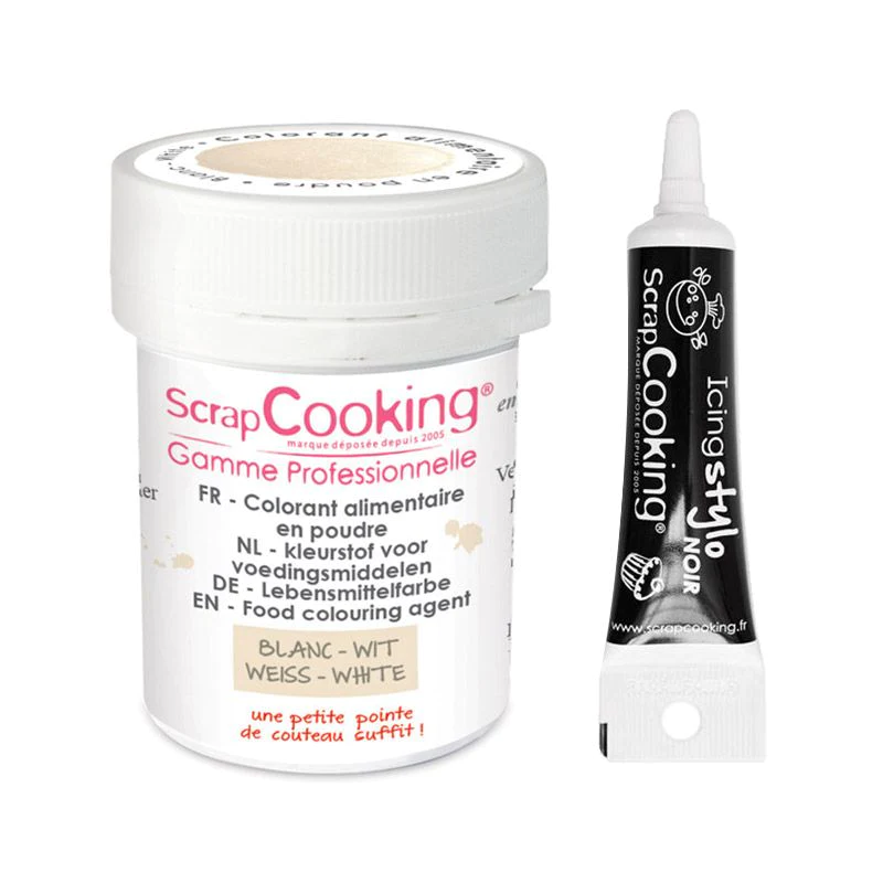 Colorant alimentaire en poudre blanc + Stylo glaçage noir Scrapcooking