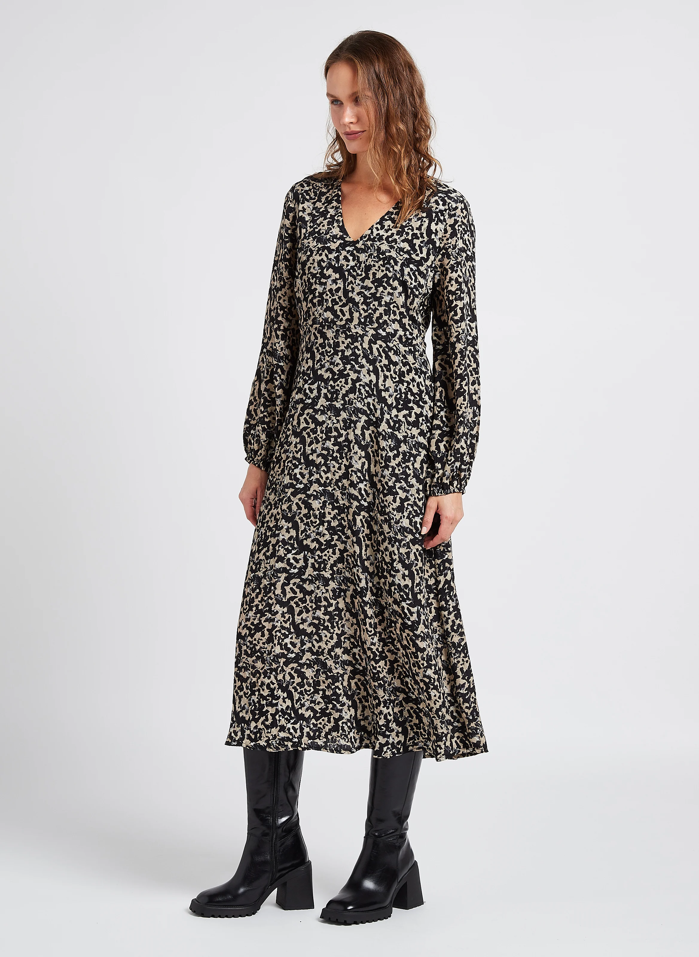 RHIAN - Robe midi col V imprimée| Multicolore