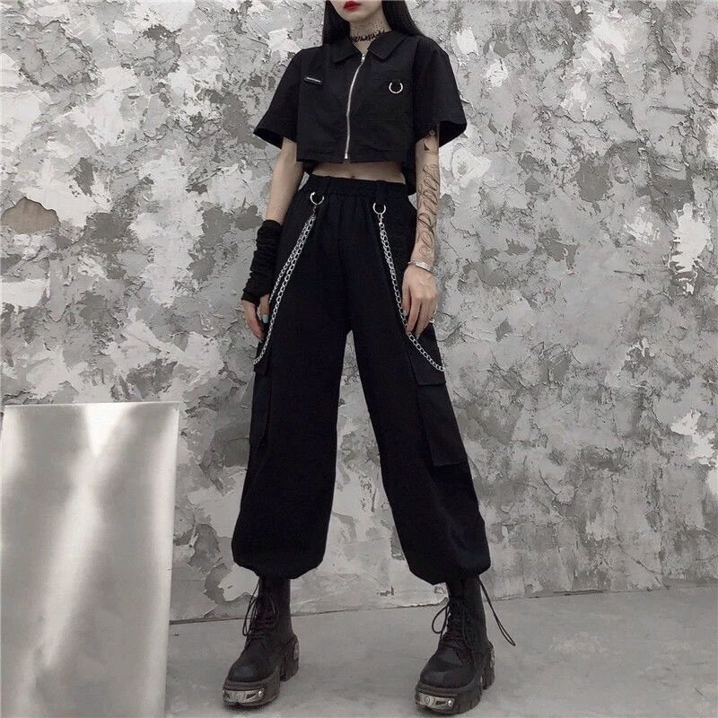 Malnia Home - High Rise Plain Wide Leg Cargo Pants / Short-Sleeve Crop Shirt / Chain / Set