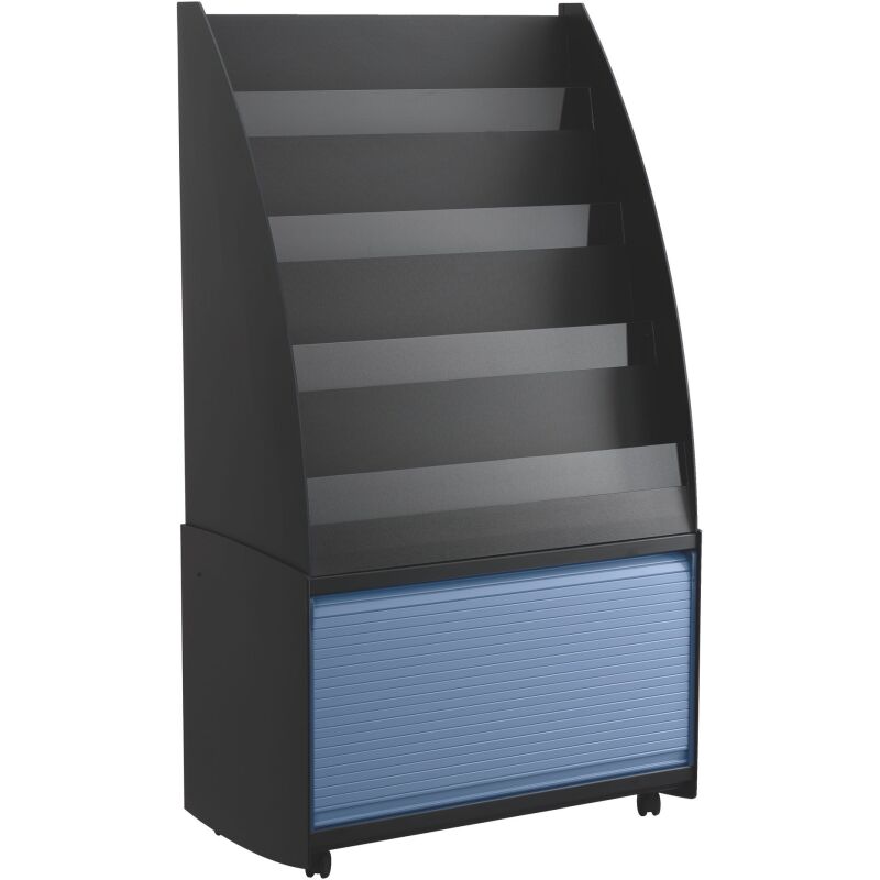 Présentoir mobile 4 cases avec coffre noir jusqu'au format A3