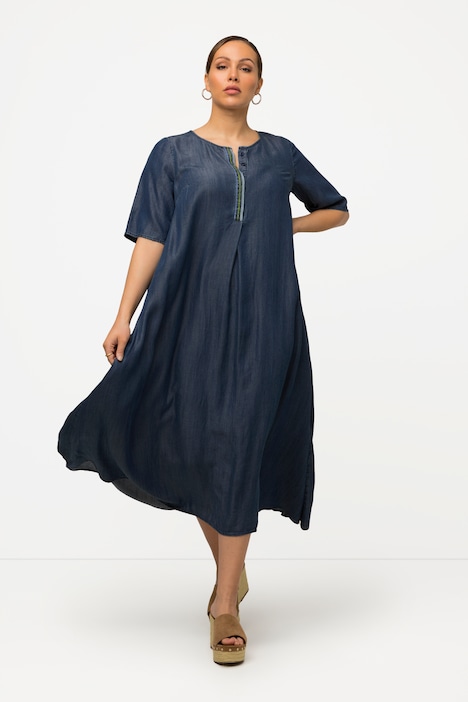 Lyocell-Kleid, Stickerei, A-Linie, Rundhals, Halbarm