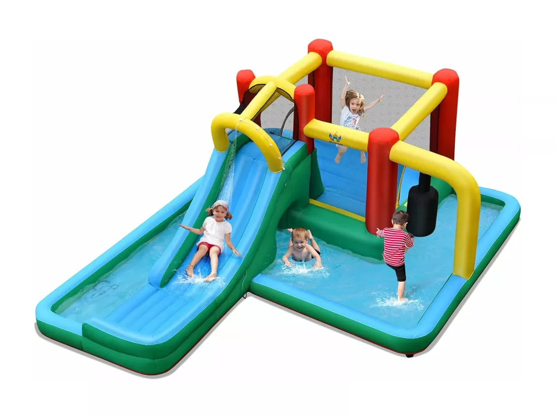 Château gonflable pour Enfants de 3-10 Ans avec Pataugeoire Toboggan Mur d’escalade Tunnel 470 x 370 x 190cm sans Gonfleur