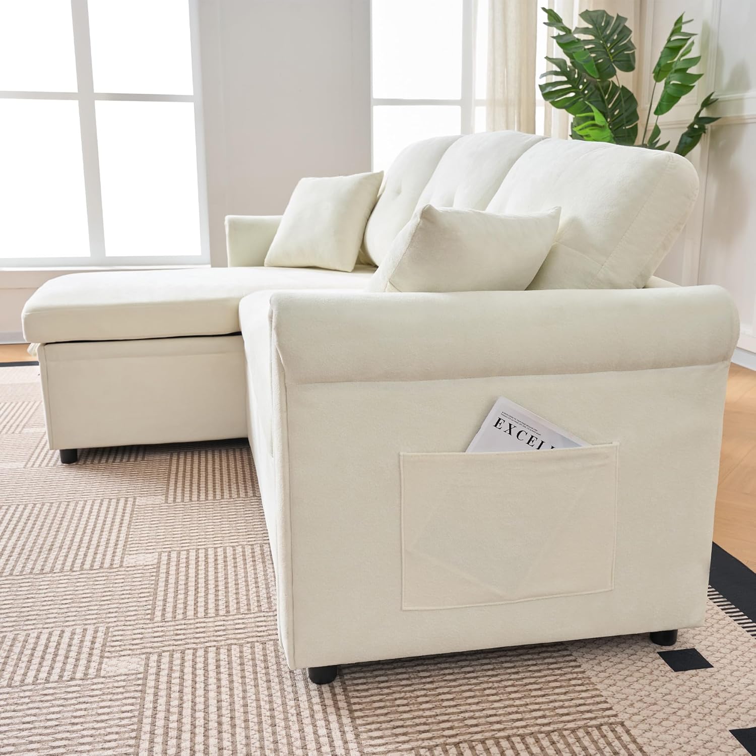 Merax Sofa Ecksofa mit Schlaffunktion, Praktisches Schlafsofa mit Bettkasten, L-Form Schlafcouch mit Stauraum&Seitentaschen, Links und Rechts austauschbar, Chenille, für Wohnzimmer/Schlafzimmer, Beige